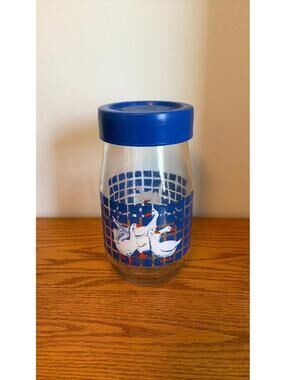A42. Vintage 1982 Carlton Glass Geese Kitchen Storage Canister Blue White 1.5L